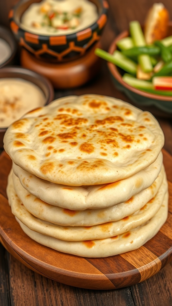 Quick Yeast-Free Pita Bread Recipe Freshly made yeast-free pita bread stacked on a wooden board with hummus and vegetables in the background.